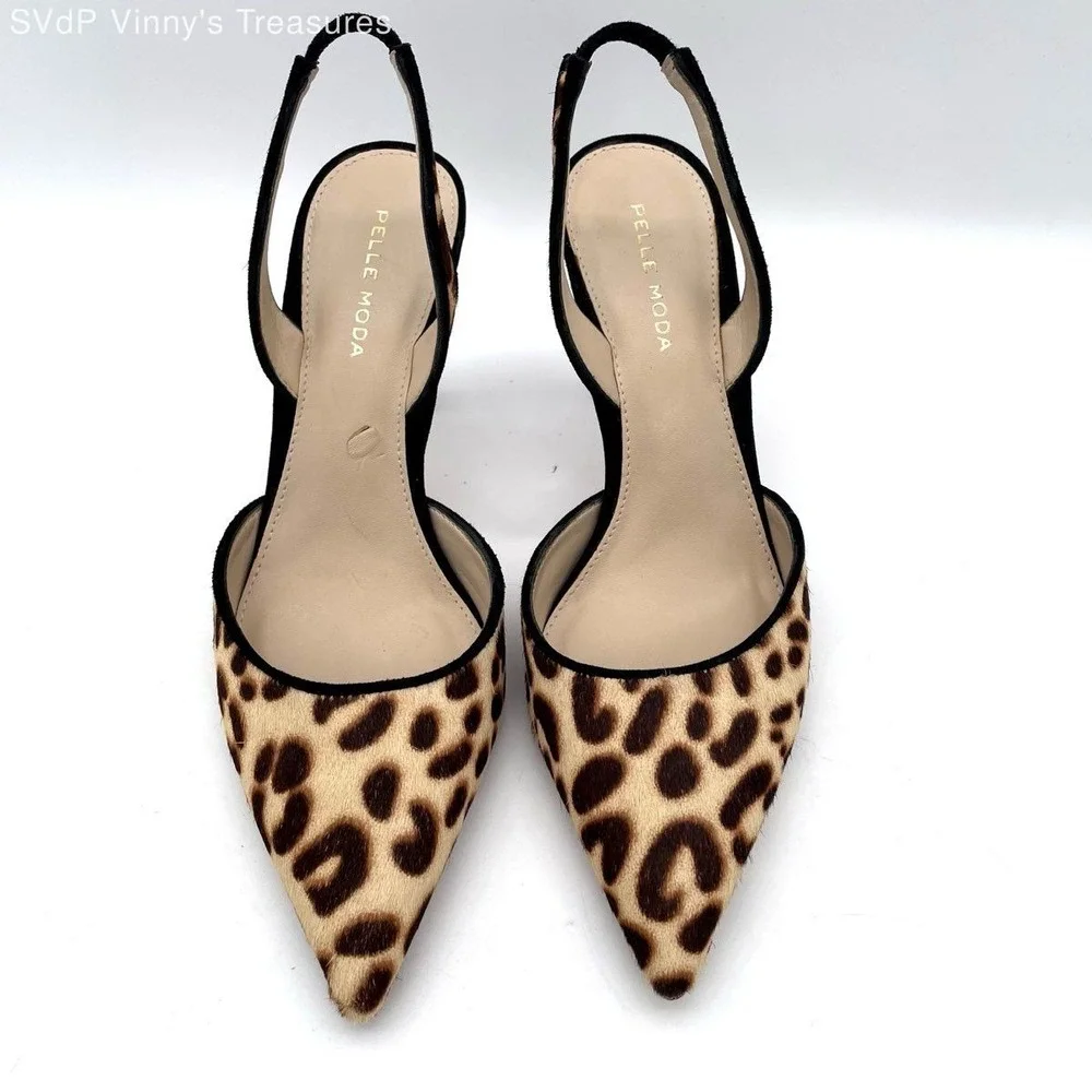 Pelle Moda Leopard Calf Hair Slingback Pumps Women's 8M Pointed Stiletto Heels
